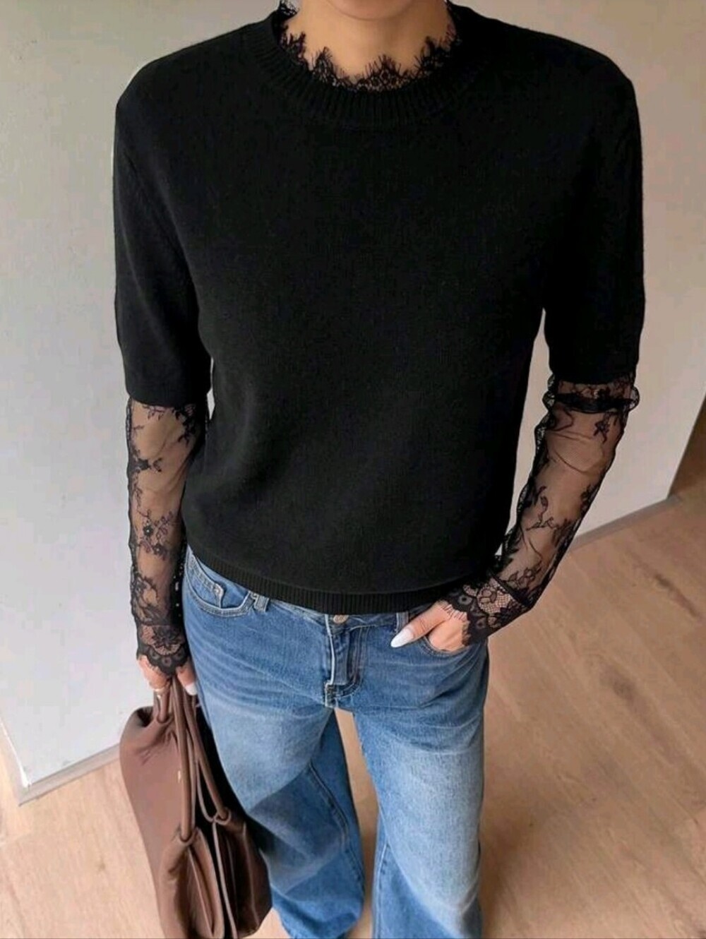 Siren Gaze Lace Patchwork Sweater, Lace Sleeve Patchwork 2 In 1 Fuzzy Knit Sweat